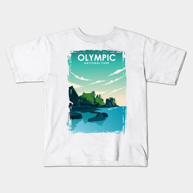 Olympic National Park Travel Poster Kids T-Shirt by jornvanhezik